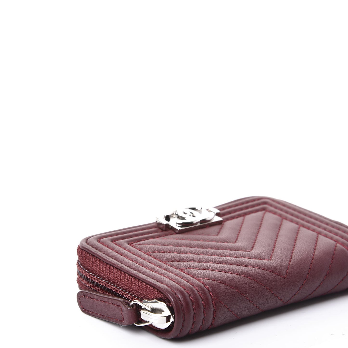 Lambskin Chevron Quilted Boy Zip Around Coin Purse Wallet Burgundy
