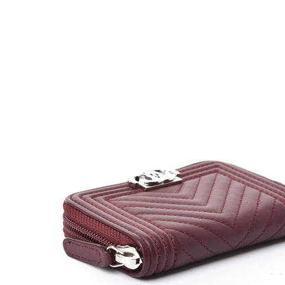 Chanel Lambskin Chevron Quilted Boy Zip Around Coin Purse Wallet Burgundy 6 of 9