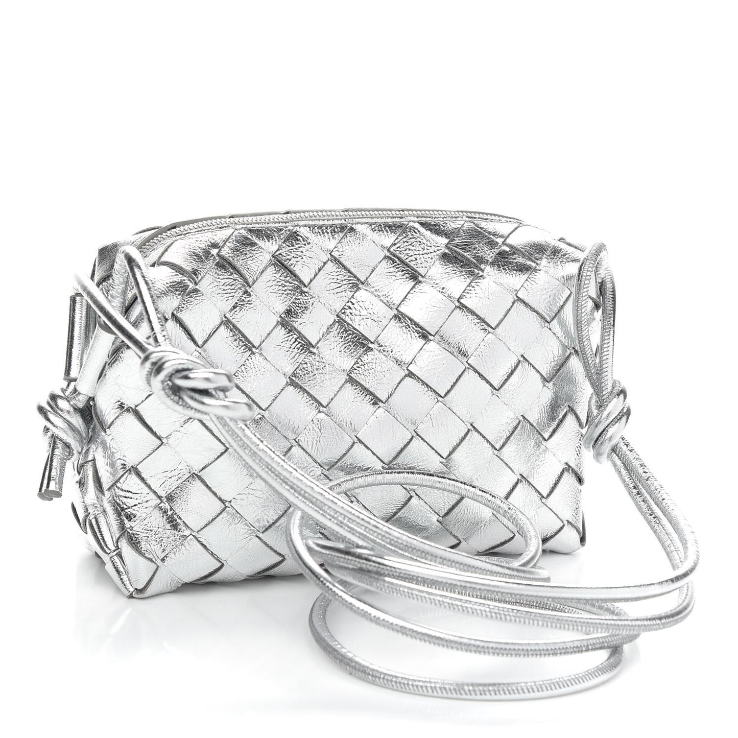 Metallic Calfskin Intrecciato Mini Loop Camera Bag Silver