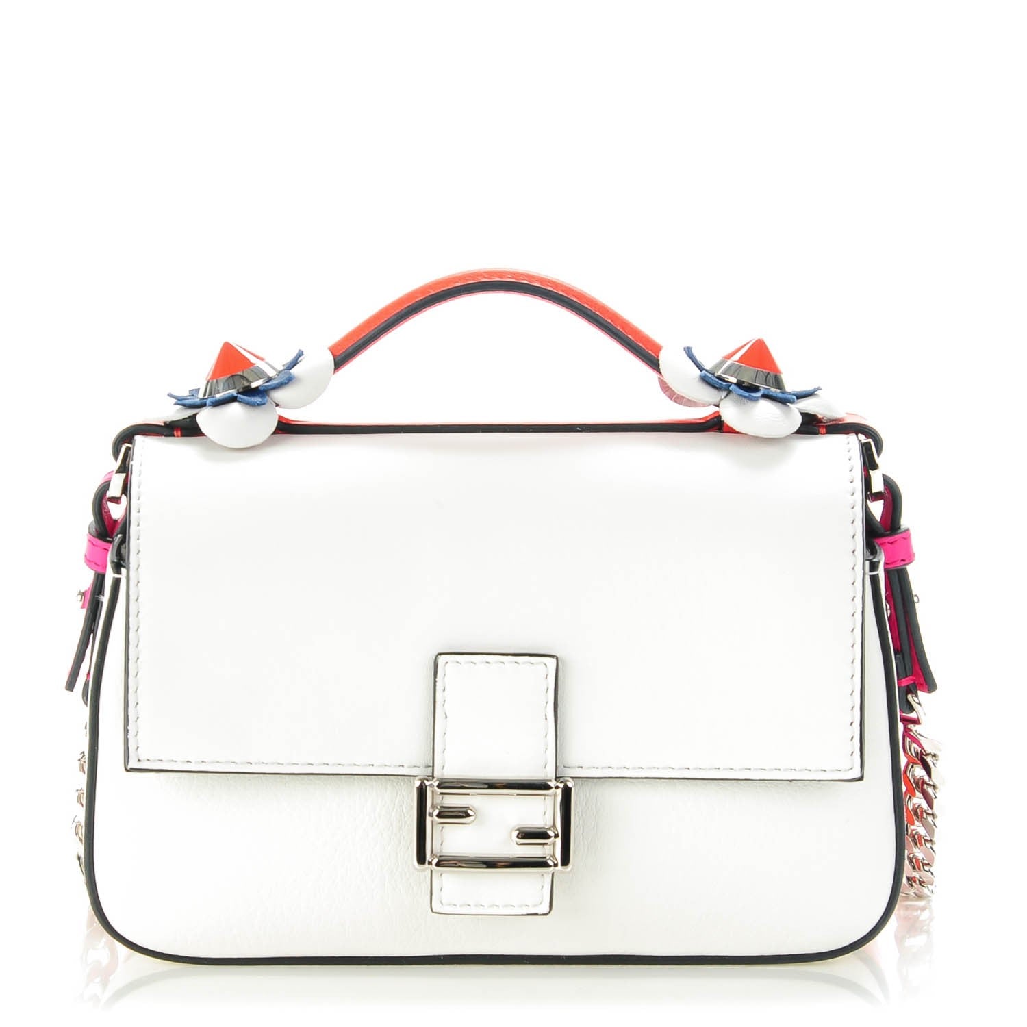 Fendi Vitello Dolce Nappa Flowerland Tri-Color Micro Double Baguette Fuxia White Ice Papavero 1 of 7