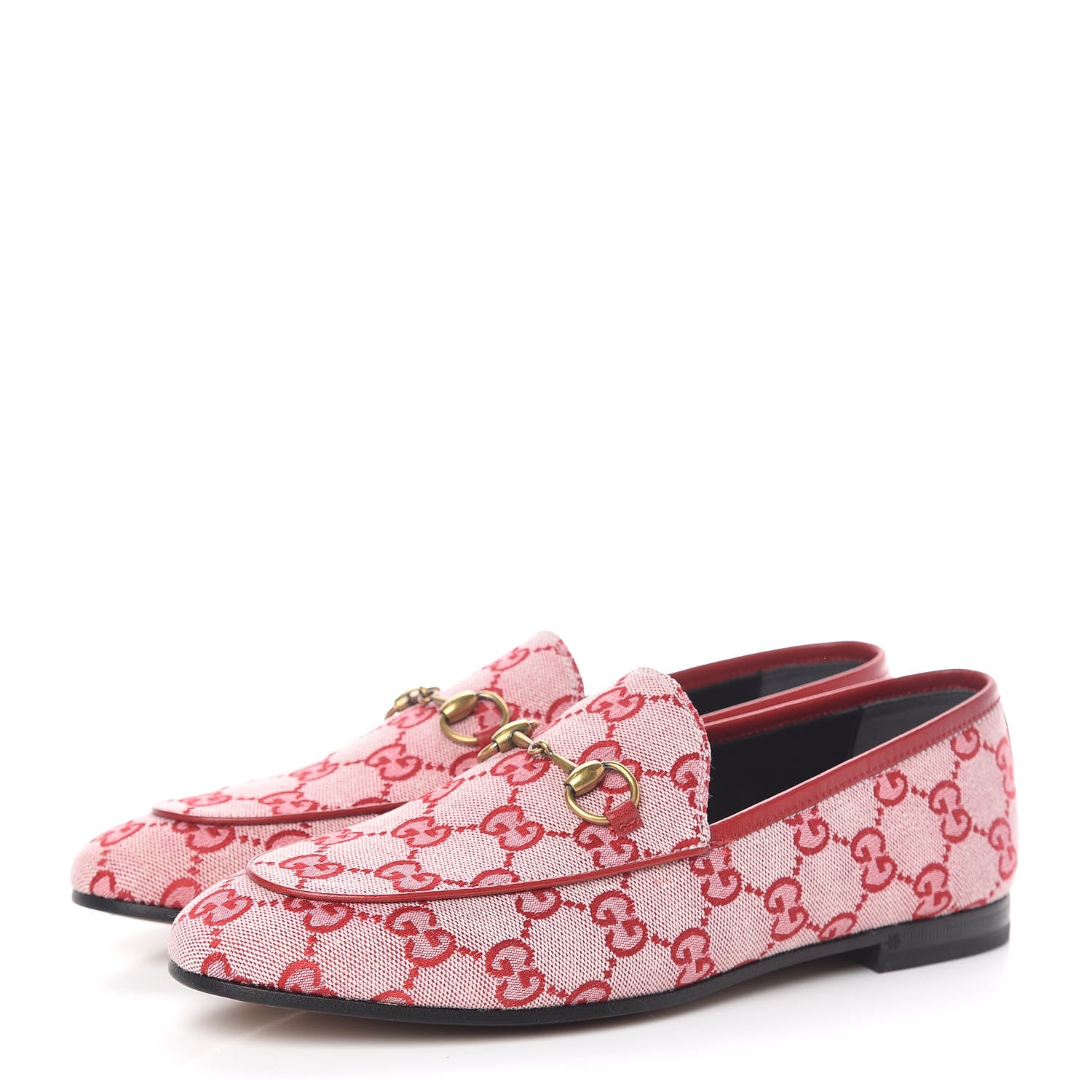 Gucci Canvas GG Monogram Horsebit Womens Jordaan Loafers 37.5 Gardenia Hibiscus Red 3 of 9