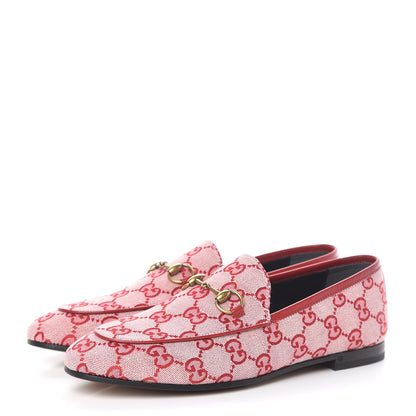 Gucci Canvas GG Monogram Horsebit Womens Jordaan Loafers 37.5 Gardenia Hibiscus Red 3 of 9