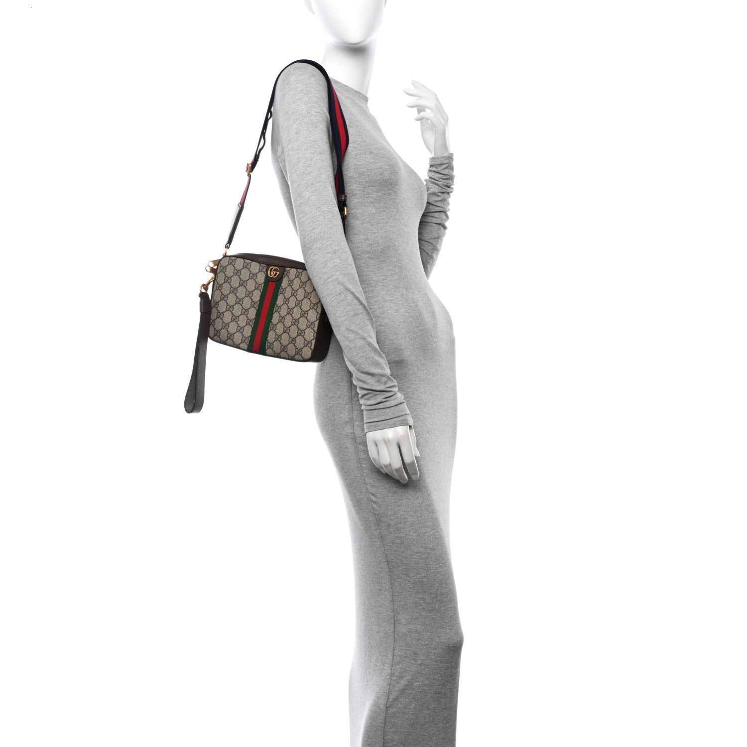 Gucci GG Supreme Monogram Textured Dollar Calfskin Web Ophidia Wristlet Shoulder Bag Beige Ebony New Acero 2 of 11