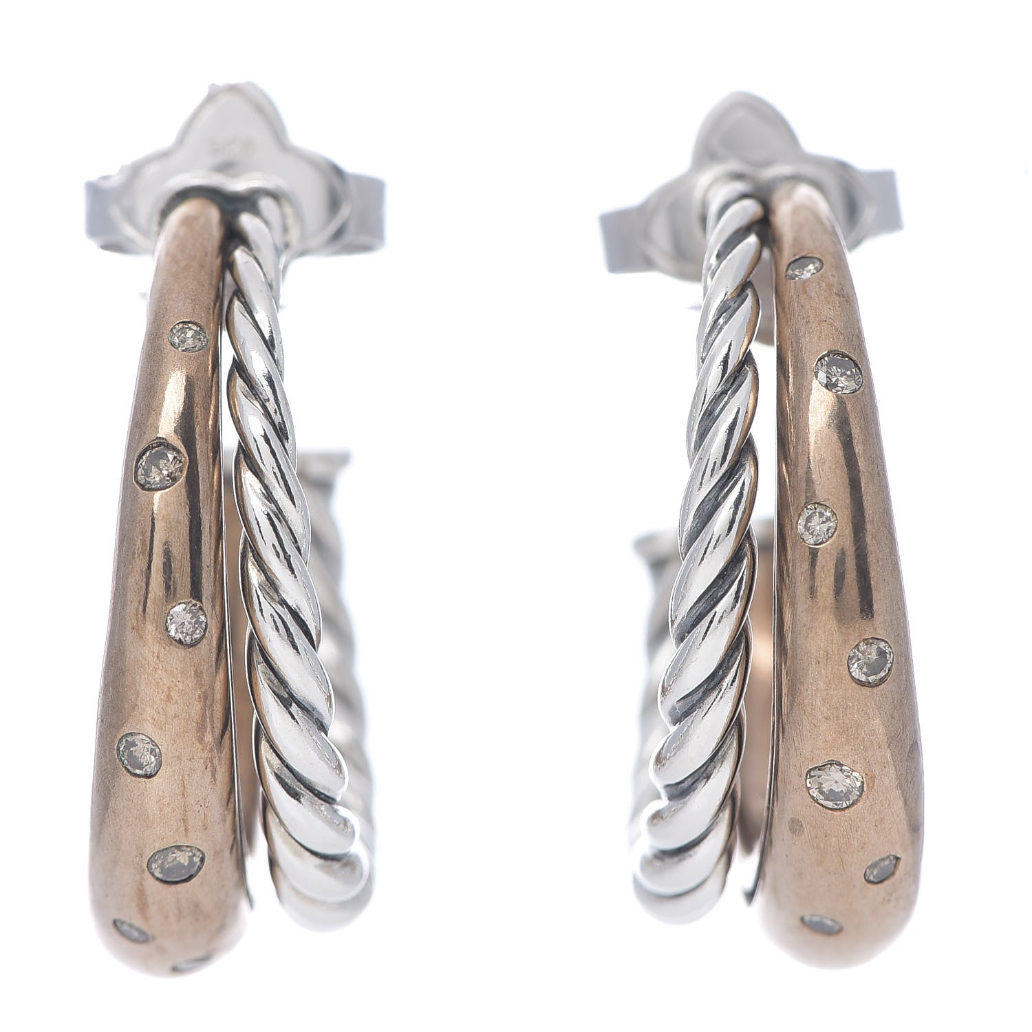 David Yurman Sterling Silver Bronze Diamond Pure Form Mixed Metal Hoop Earrings 1 of 3