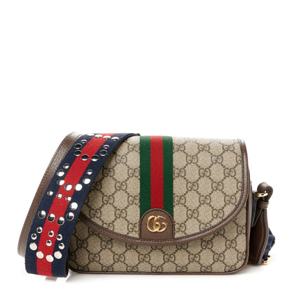 Gucci GG Supreme Monogram Textured Dollar Calfskin Web Studded Mini Ophidia Flap Shoulder Bag Beige Ebony New Acero 1 of 11