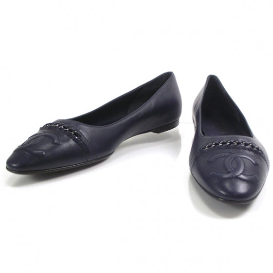 Chanel Leather Logo Chain Ballet Flats 40 Navy 1 of 10