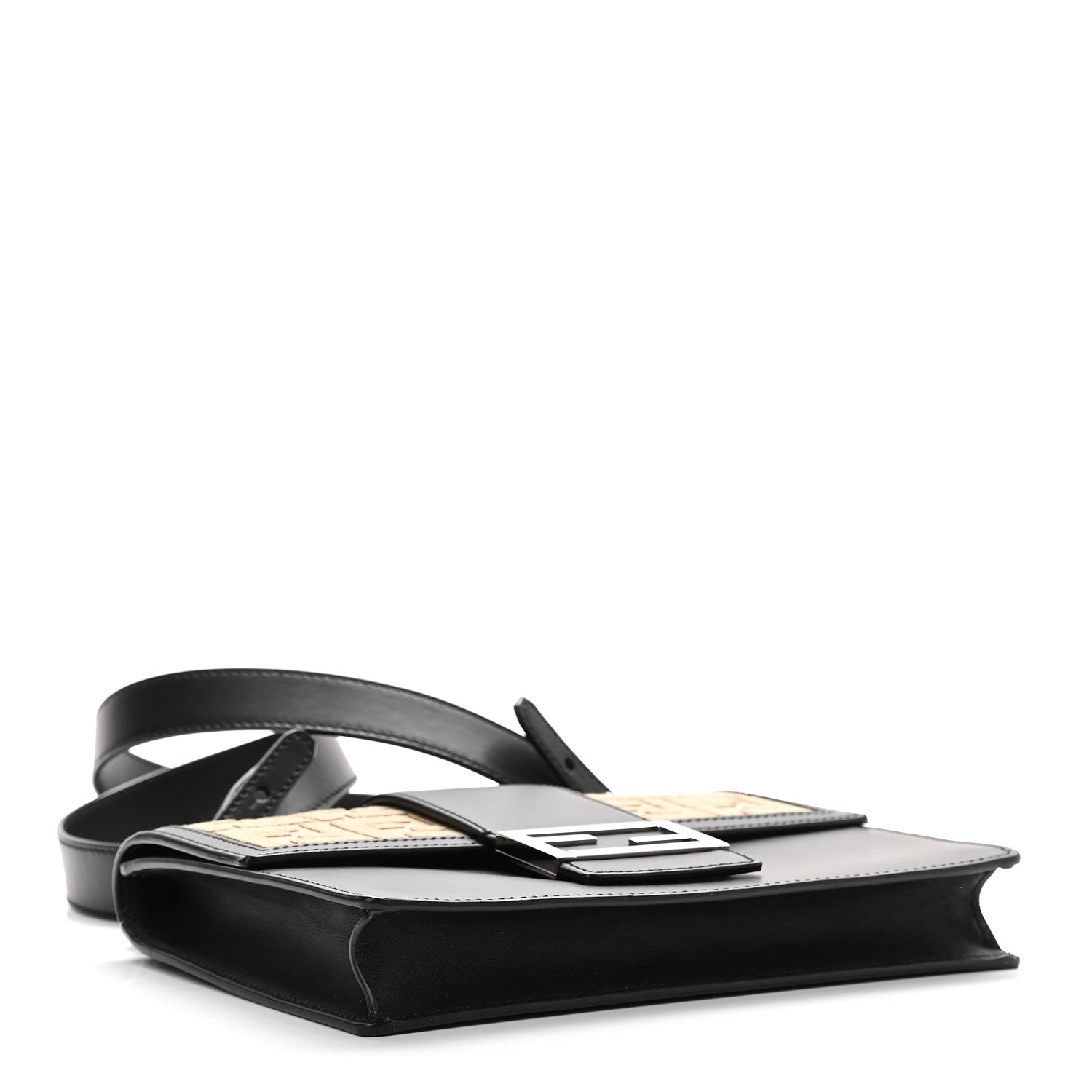 Fendi Canvas Vitello King FF Embroidered Medium Flat Baguette Sand Black 3 of 8