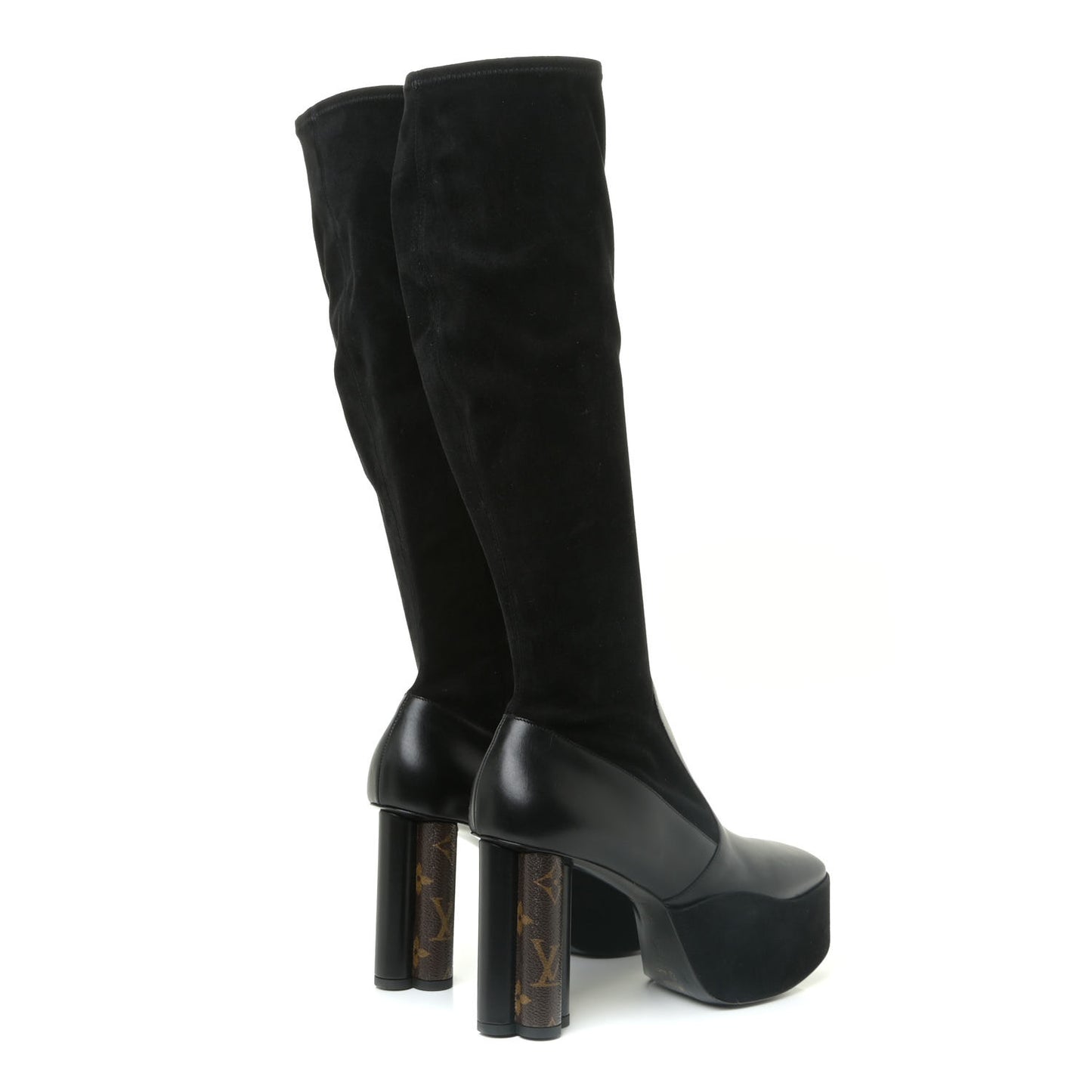Suede Calfskin Monogram Podium Platform Thigh Boots 37.5 Black