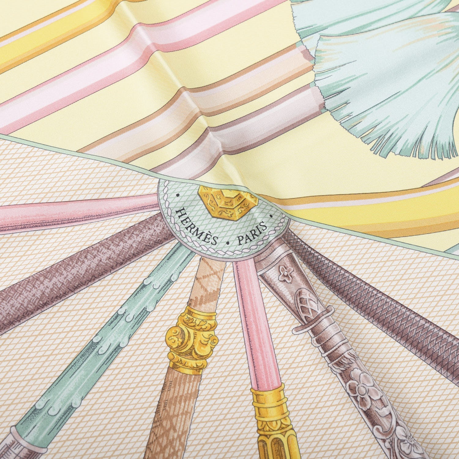 Hermes Silk Cannes Et Cannes Scarf 90 Jaune Soufre Rose Pale Vert 3 of 3