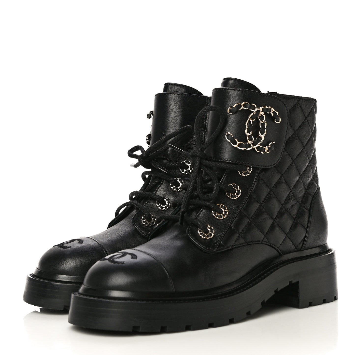 Shiny Lambskin Quilted Lace Up Combat Boots 36 Black
