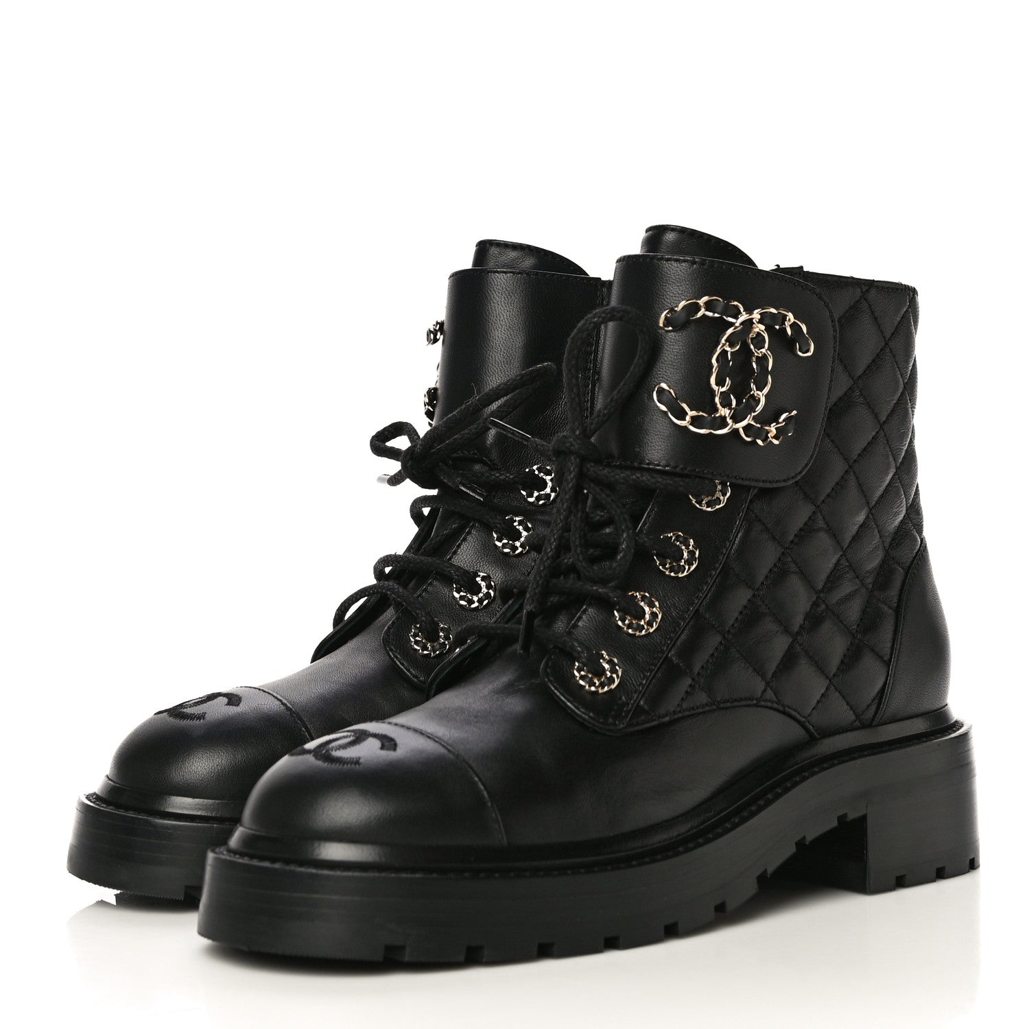 Chanel Shiny Lambskin Quilted Lace Up Combat Boots 36 Black 3 of 14