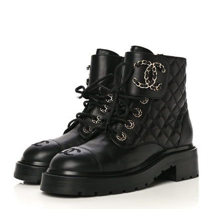 Chanel Shiny Lambskin Quilted Lace Up Combat Boots 36 Black 3 of 14