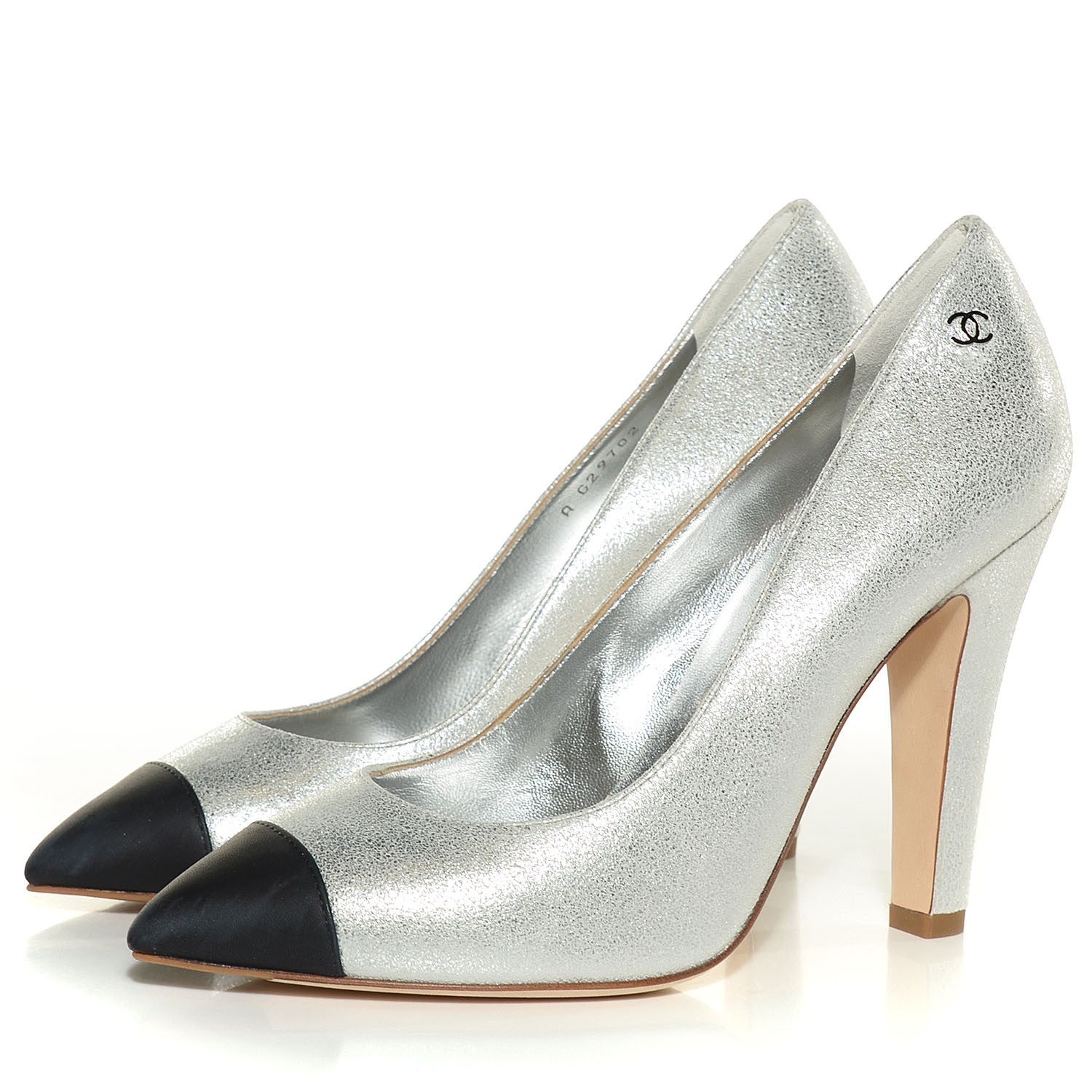 Chanel Metallic Crackled Leather Cap Toe Pumps 37 Silver Black 3 of 7