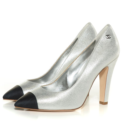 Chanel Metallic Crackled Leather Cap Toe Pumps 37 Silver Black 3 of 7