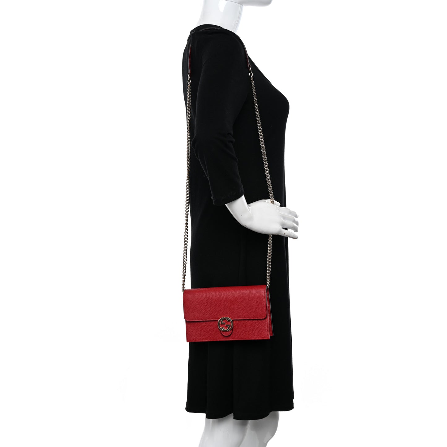 Dollar Calfskin Interlocking G Chain Wallet Red
