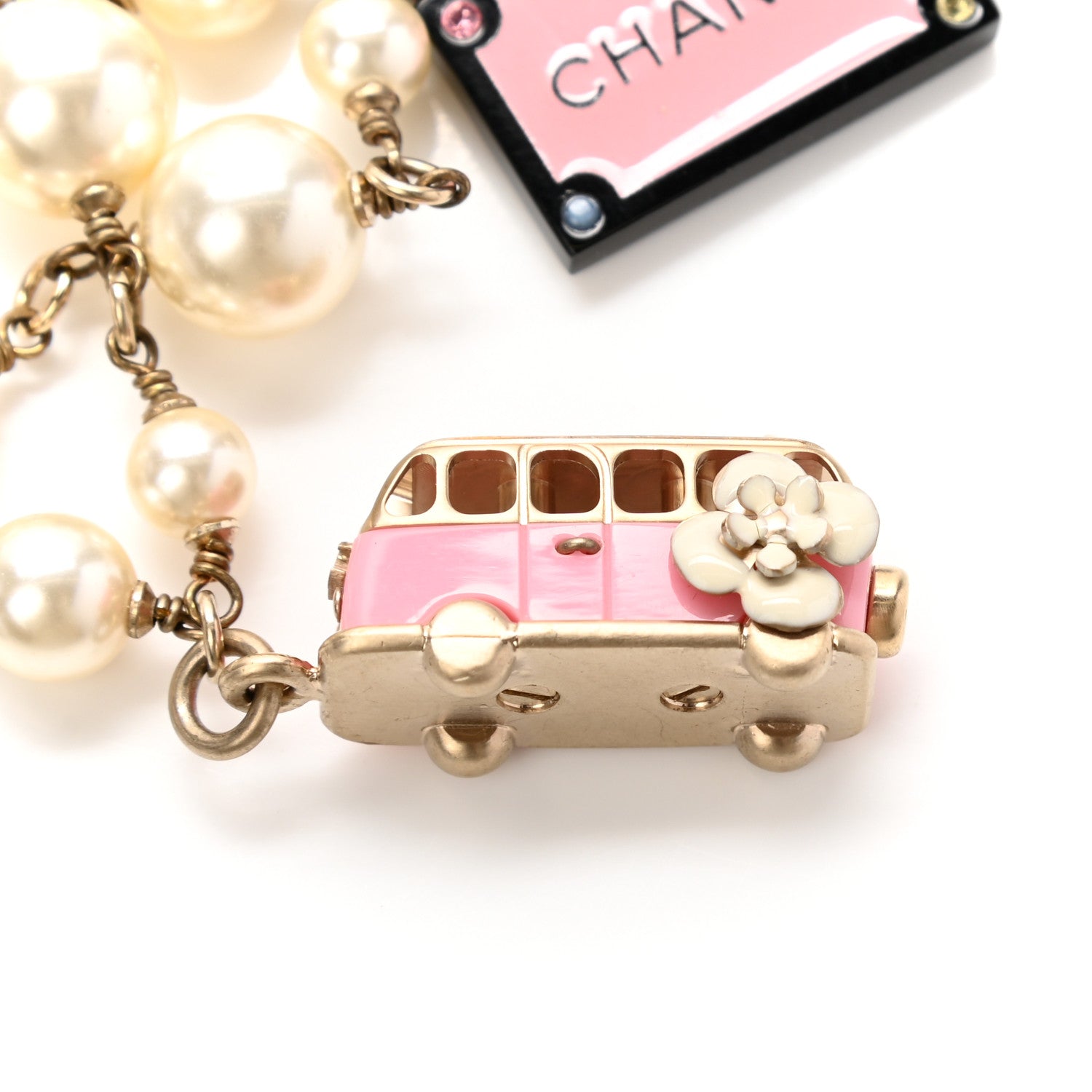 Chanel Pearl Resin Crystal CC Charm Necklace Gold Pink Black 9 of 9