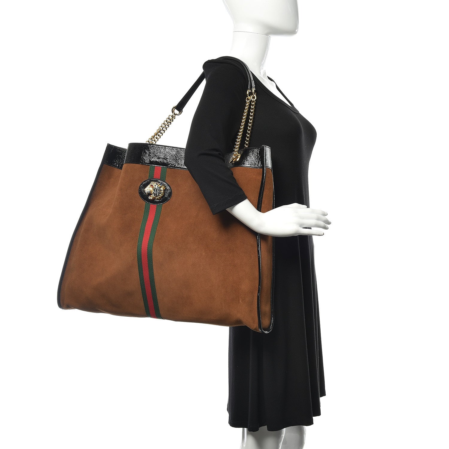 Gucci Suede Patent Maxi Rajah Chain Tote Nocciola Black 2 of 12