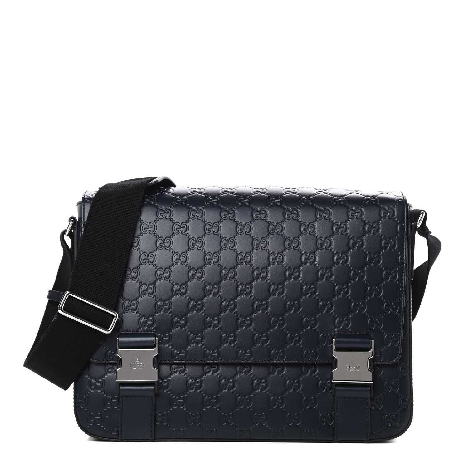 Gucci Guccissima Signature Medium Double Buckle Flap Messenger Bag Blue 1 of 11