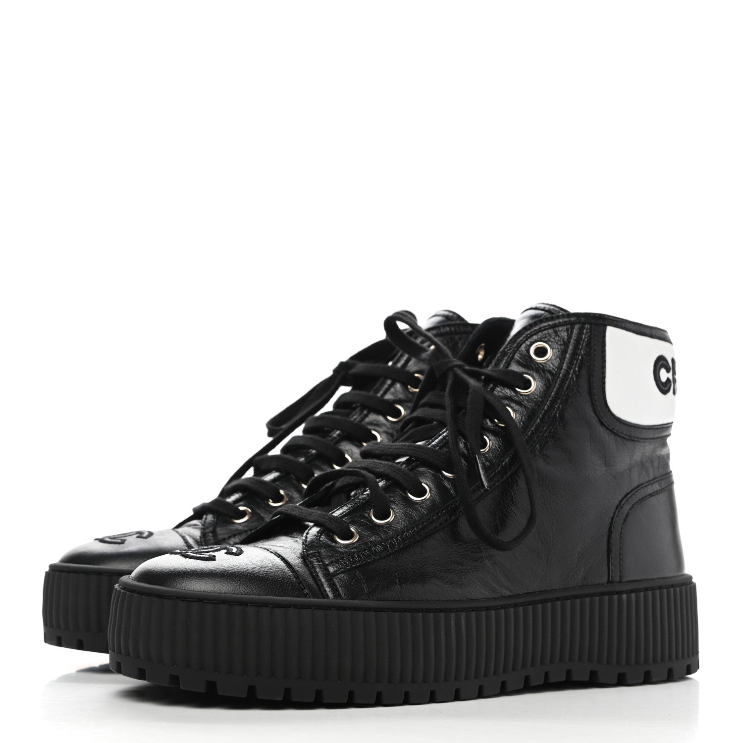 Chanel Aged Calfskin Lace Up Cap Toe Sneakers 38 Black White 3 of 8