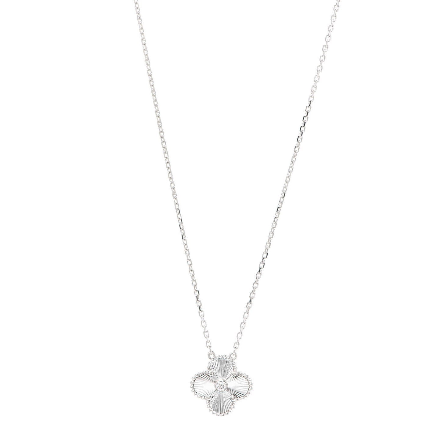 18K White Gold Diamond Guilloche Vintage Alhambra Pendant Necklace