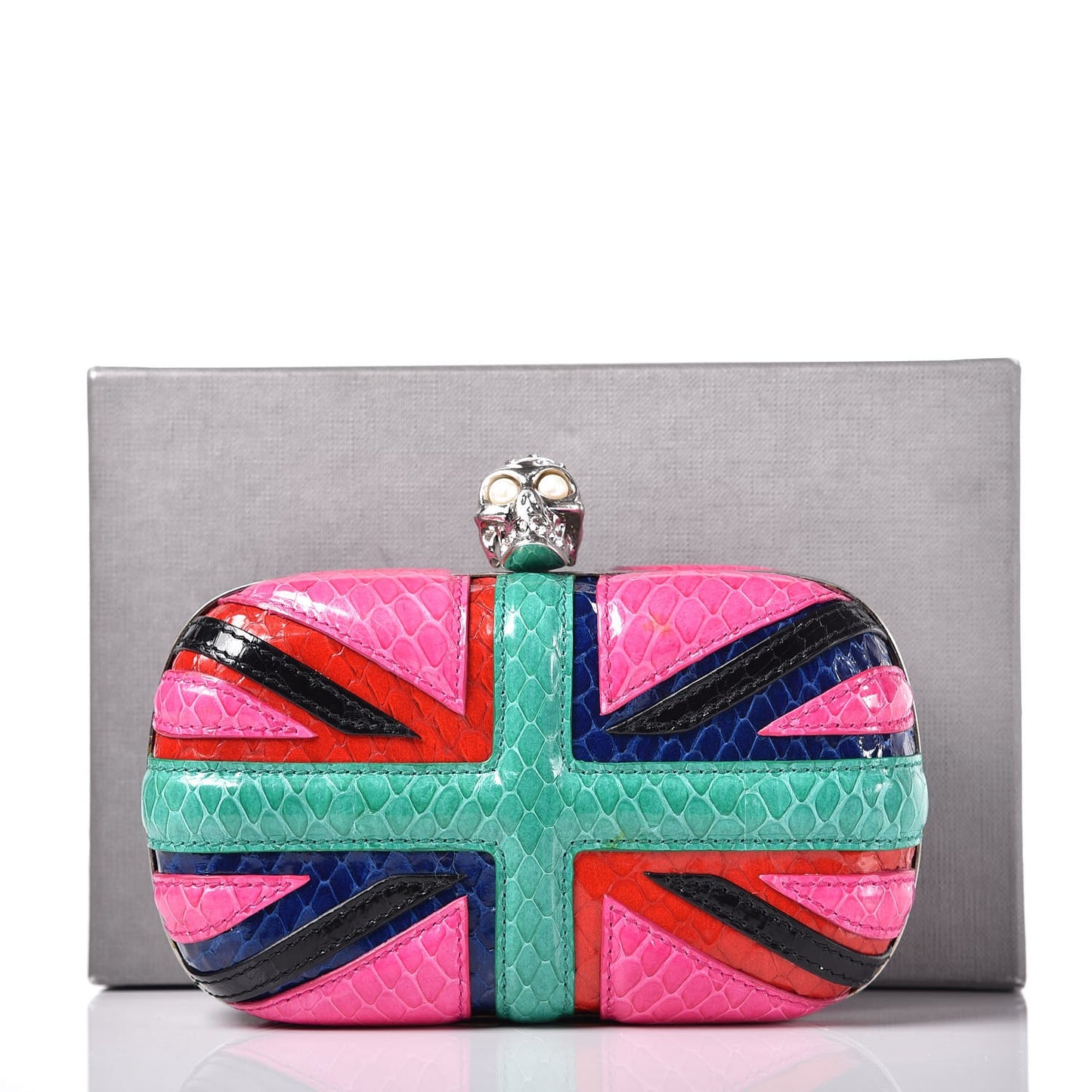 Snakeskin Britannia Skull Box Clutch Multicolor