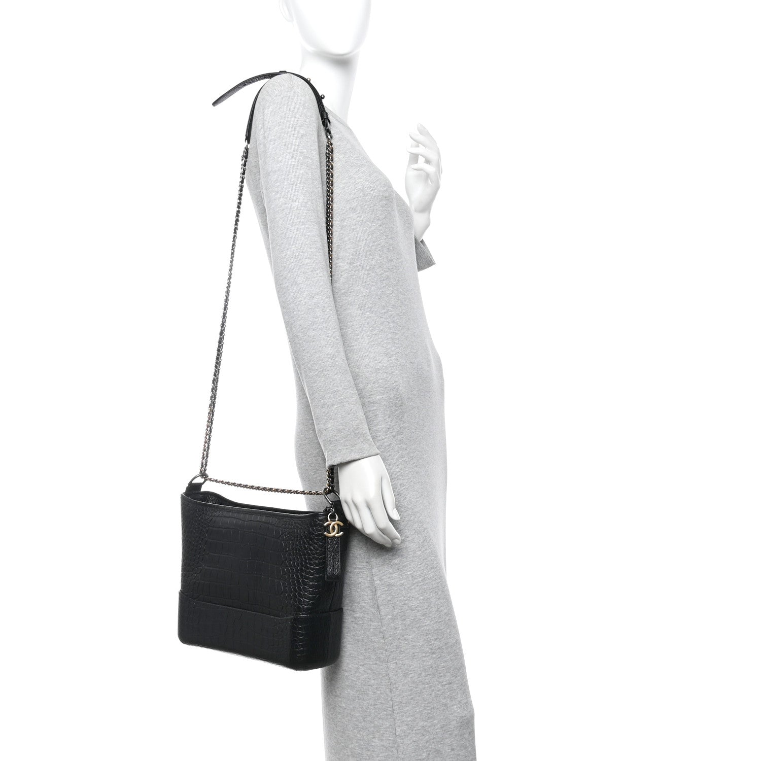 Chanel Crocodile Embossed Calfskin Medium Gabrielle Cocodile Hobo Black 2 of 10