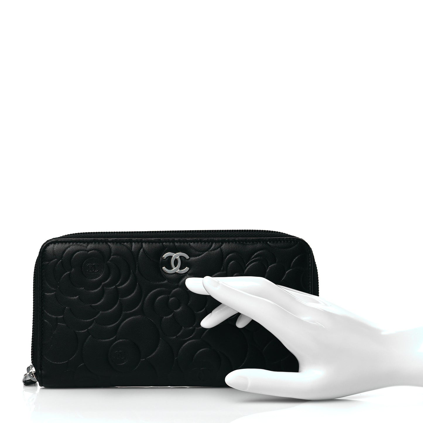 Lambskin Camellia Embossed Large Zip Around Gusset Wallet Black