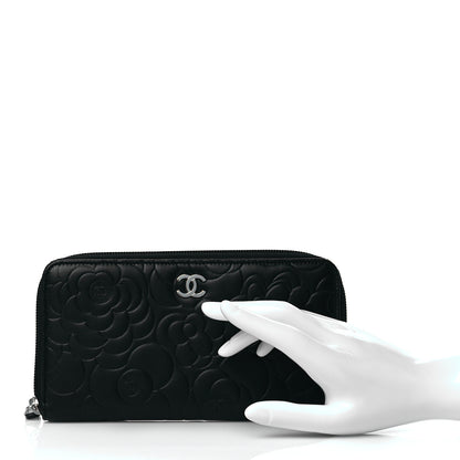 Chanel Lambskin Camellia Embossed Large Zip Around Gusset Wallet Black 2 of 9