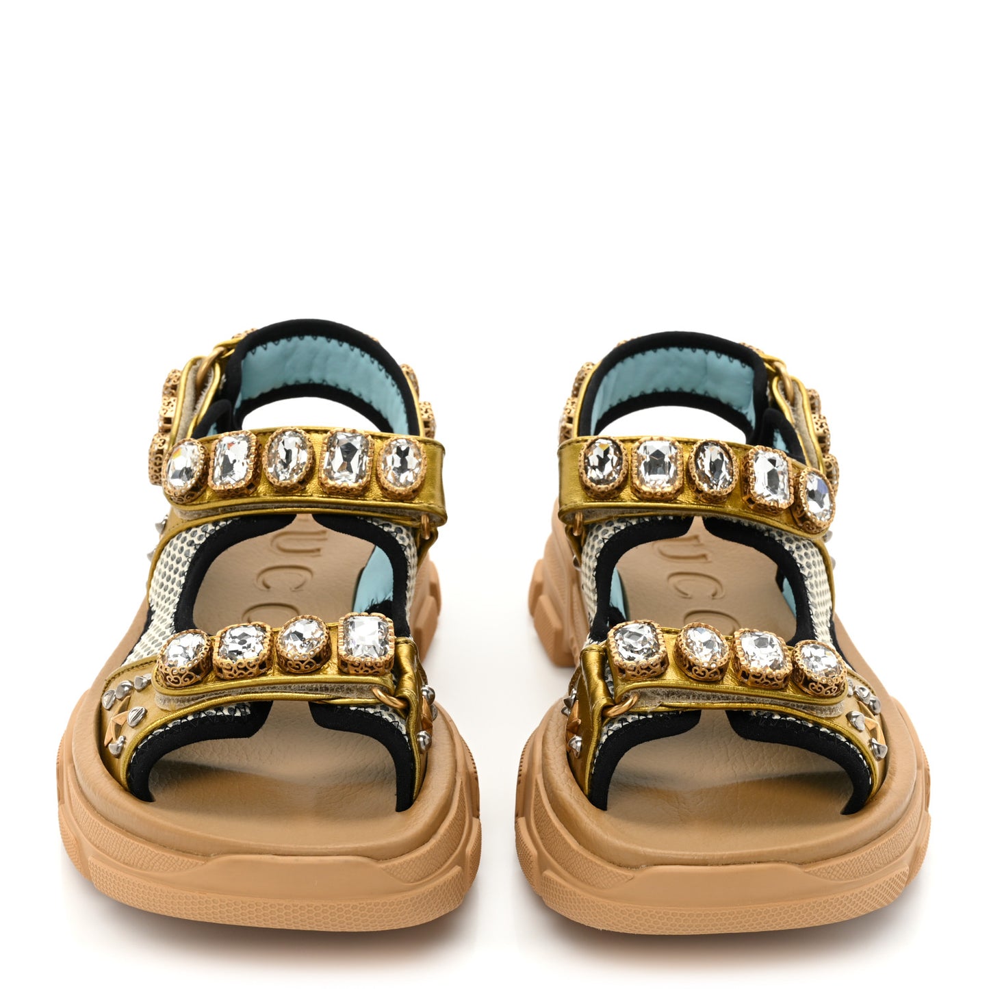 Silk Calfskin Mesh Crystal Embellished Studded Womens Aguru Sandals 37.5 Gold