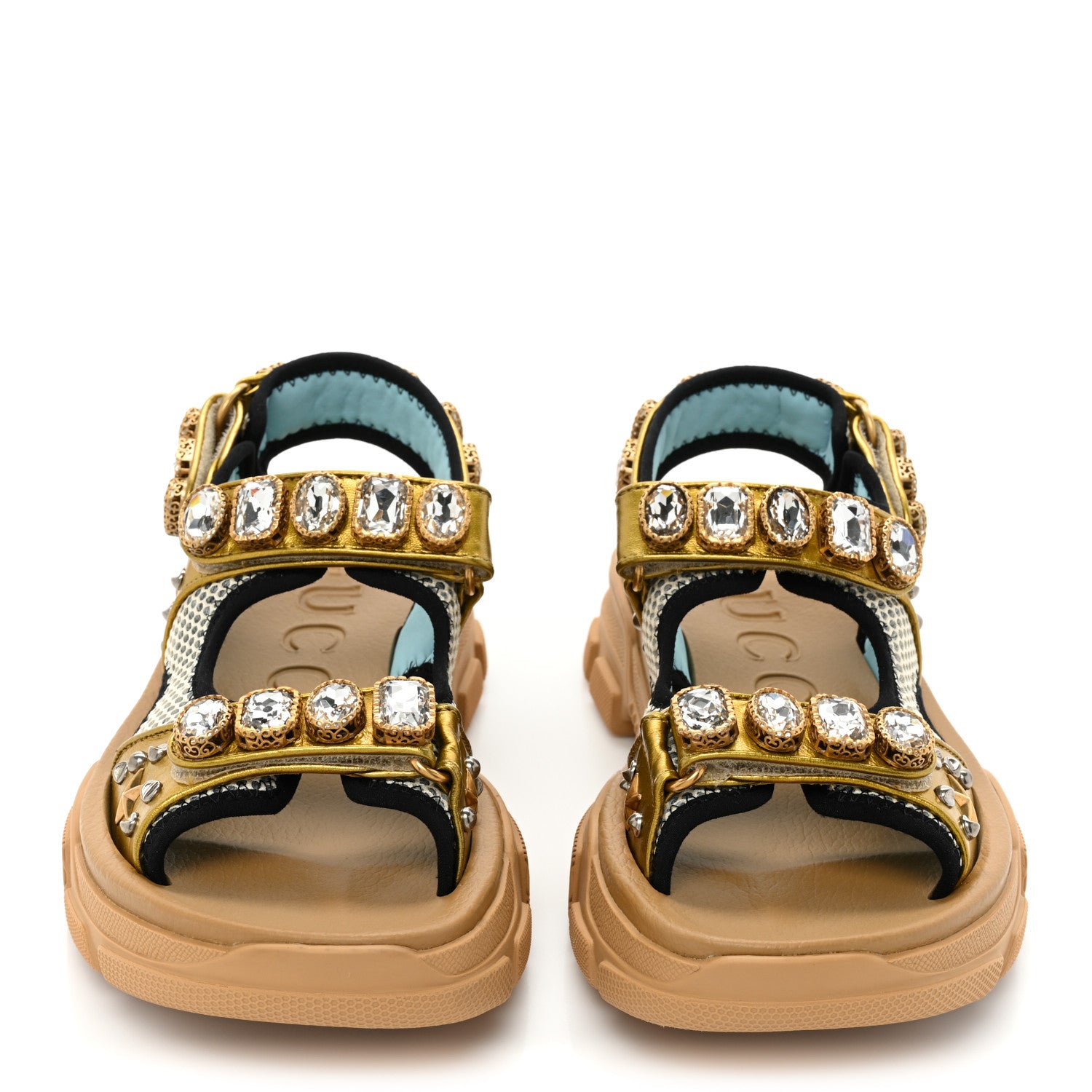 Gucci Silk Calfskin Mesh Crystal Embellished Studded Womens Aguru Sandals 37.5 Gold 2 of 9
