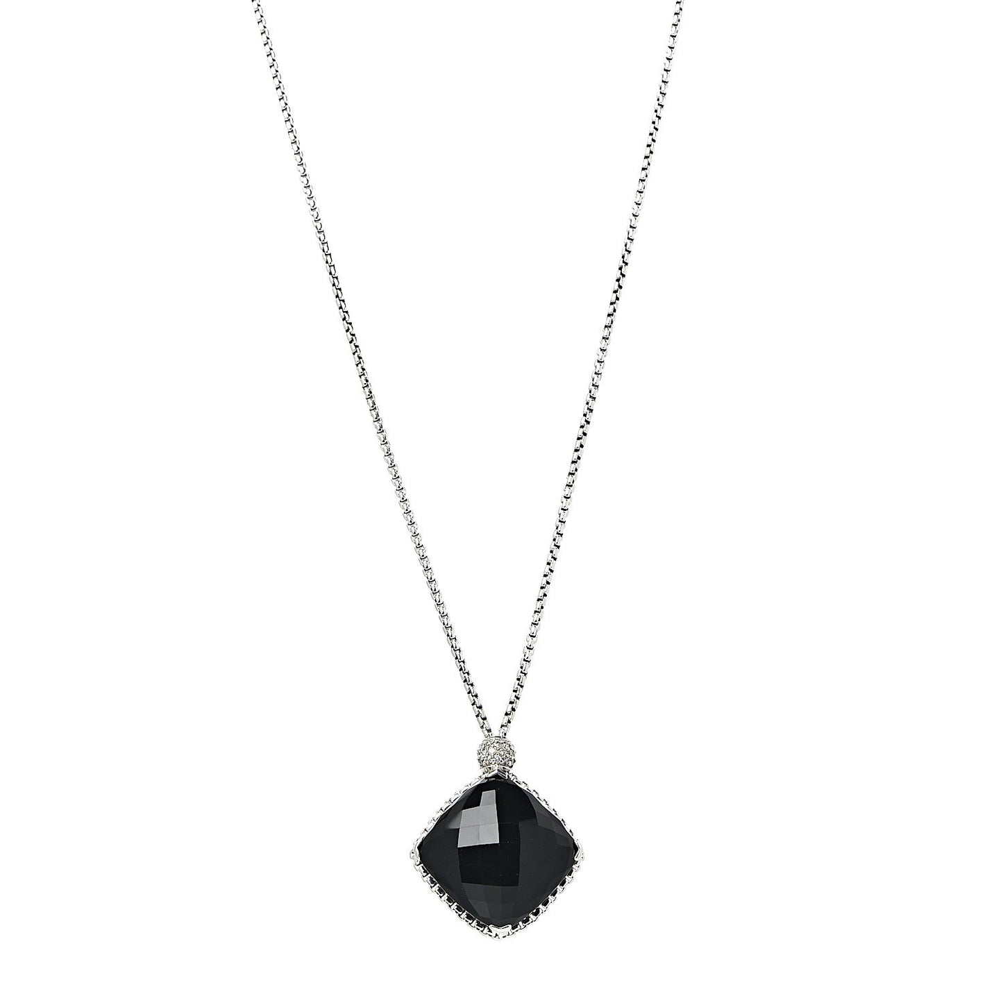 Sterling Silver Diamond Black Onyx 20mm Cushion On Point Pendant Necklace