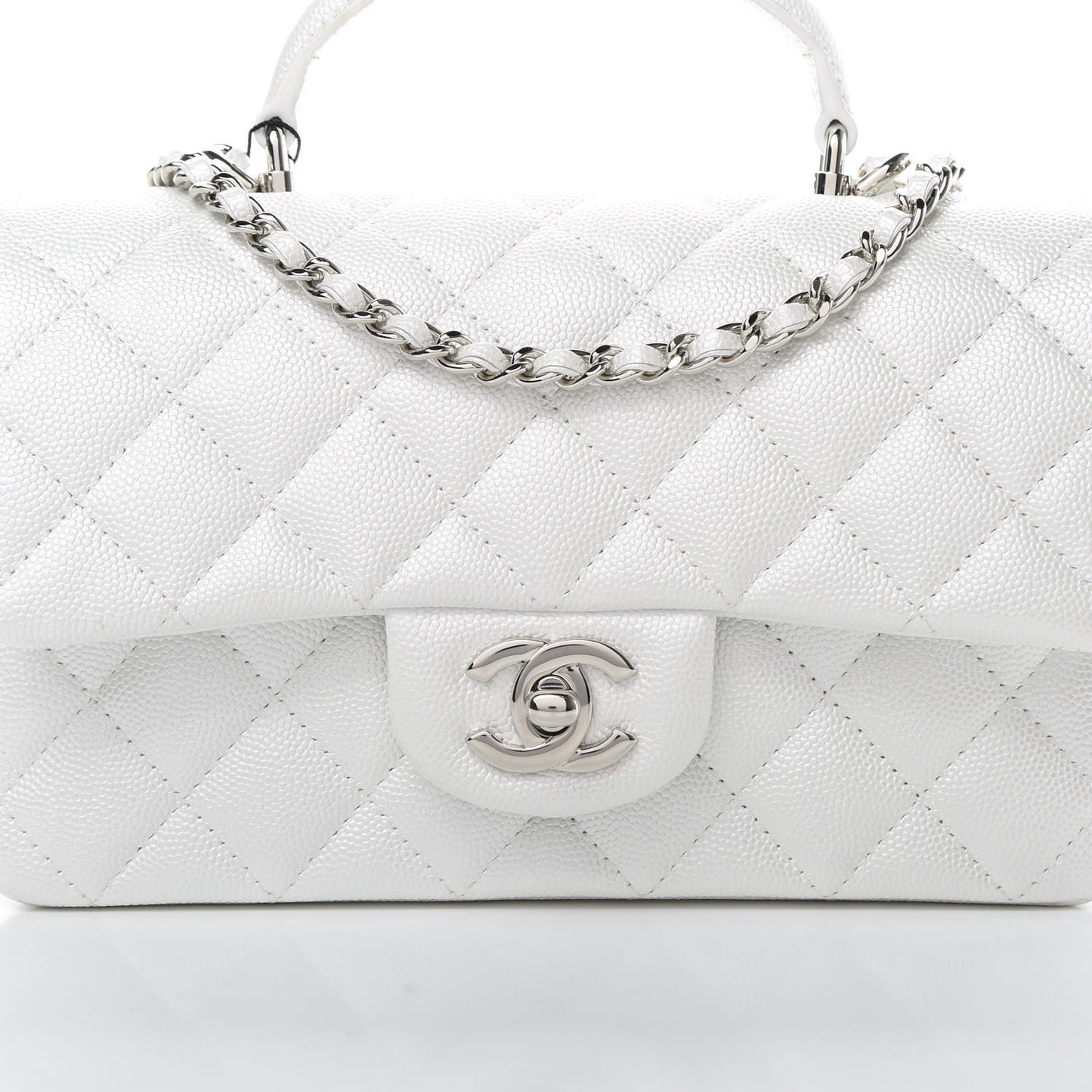 Iridescent Caviar Quilted Mini Top Handle Rectangular Flap White