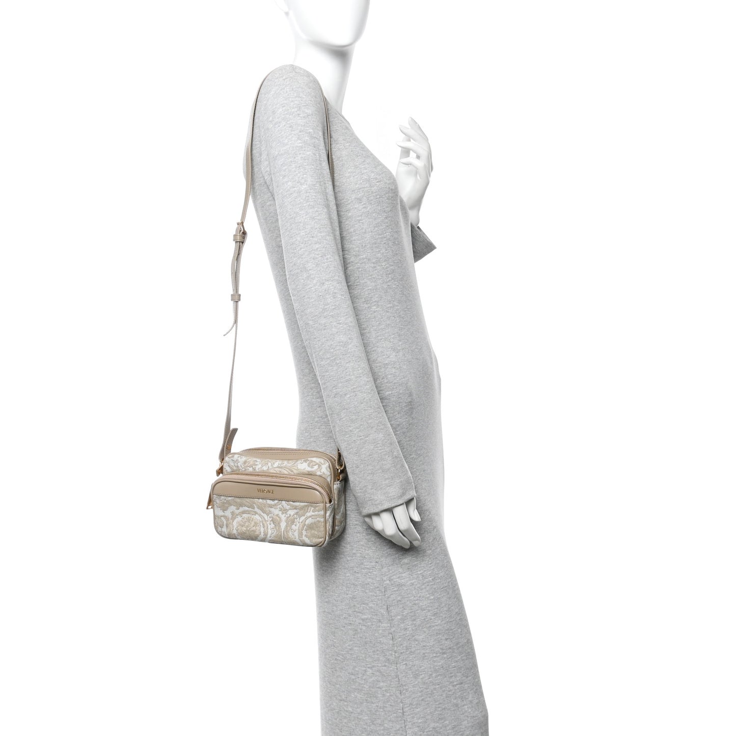 Fabric Jacquard Calfskin Barocco Messenger Crossbody Bag Beige