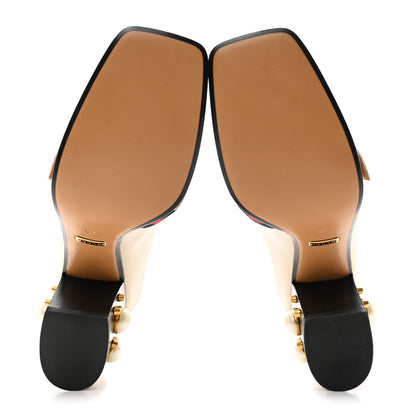 Gucci Betis Glamour Calfskin Web Pearl Embellished Peyton 75mm Loafer Pumps 40 Mystic White 5 of 9