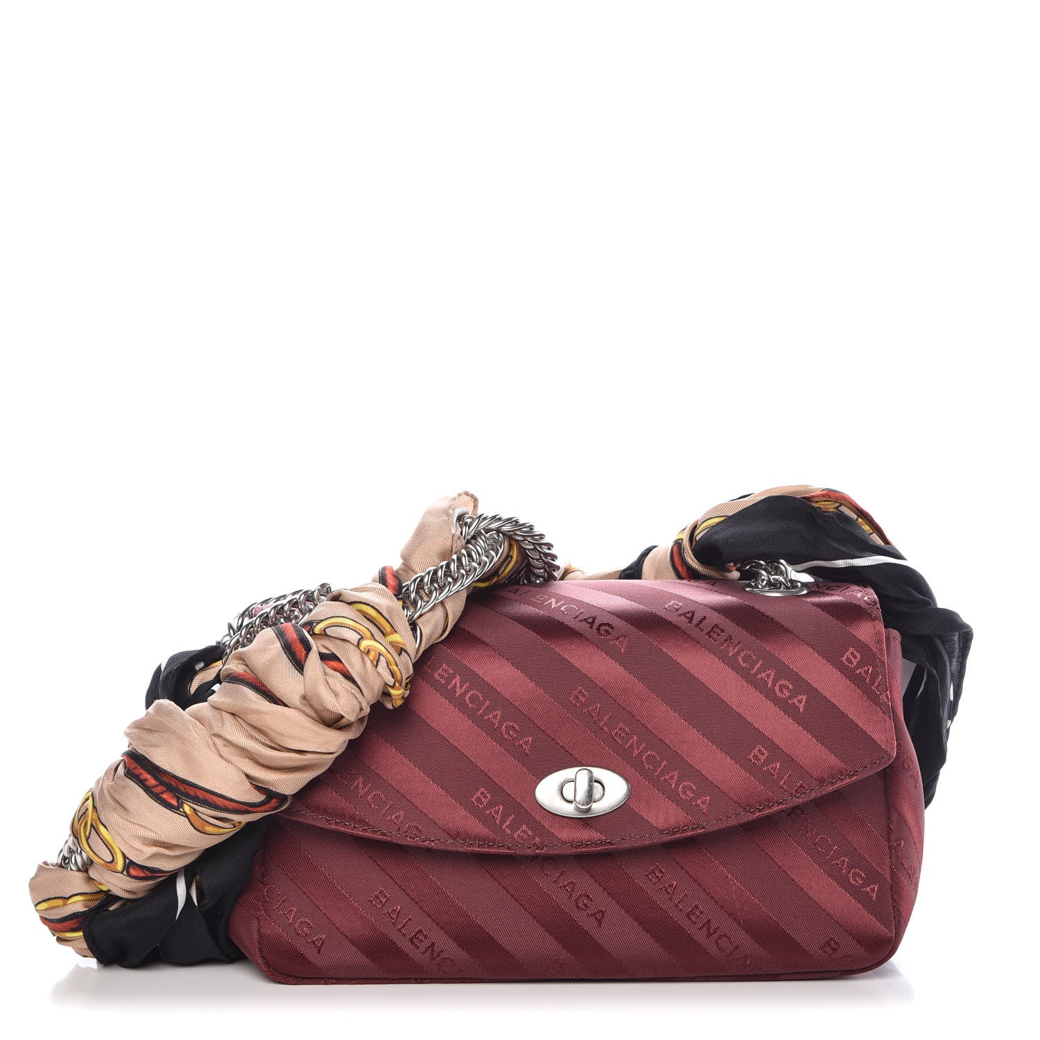 Balenciaga Nylon Jacquard Diagonal Logo Small Scarf Lock Chain Shoulder Bag Rouge Bordeaux Black Beige 1 of 10