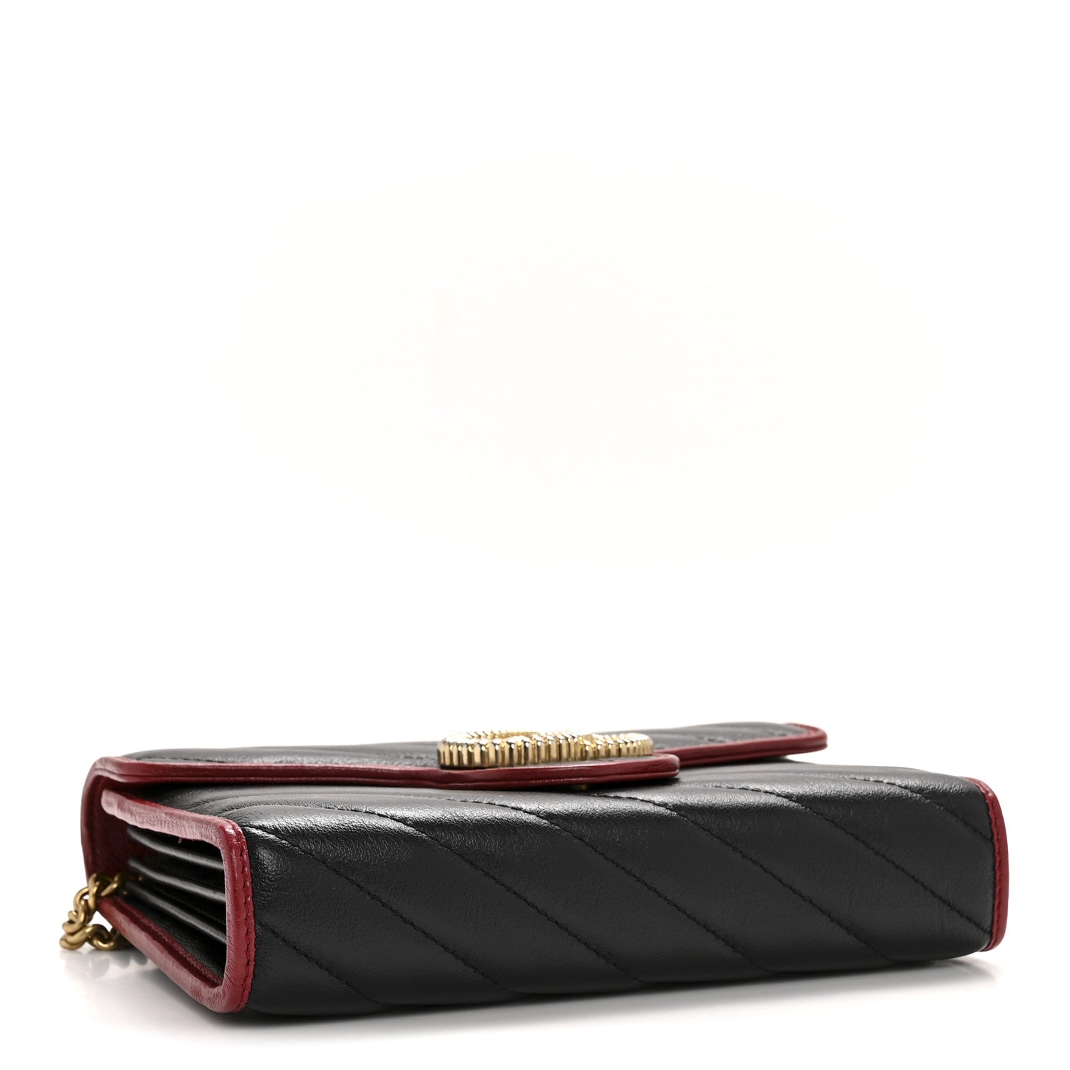 Gucci Vintage Effect Calfskin Matelasse Diagonal Torchon GG Marmont Chain Wallet Black Romantic Cherry 4 of 12