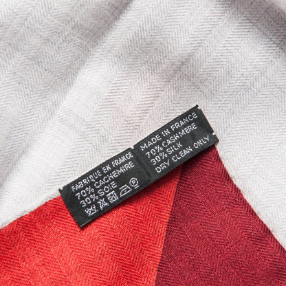 Hermes Cashmere Silk Encadre Shawl 90 Gris Clair Chine Bordeaux Rouge H 4 of 4