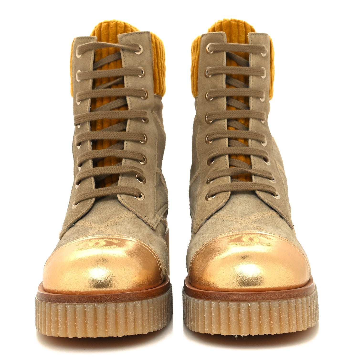 Chanel Suede Calfskin Velvet Laminated Quilted CC Combat Boots 38 Beige Yellow Gold 2 of 9