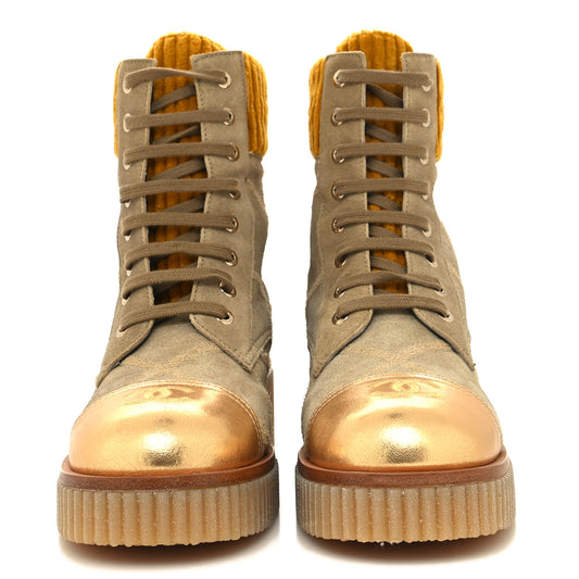 Suede Calfskin Velvet Laminated Quilted CC Combat Boots 38 Beige Yellow Gold