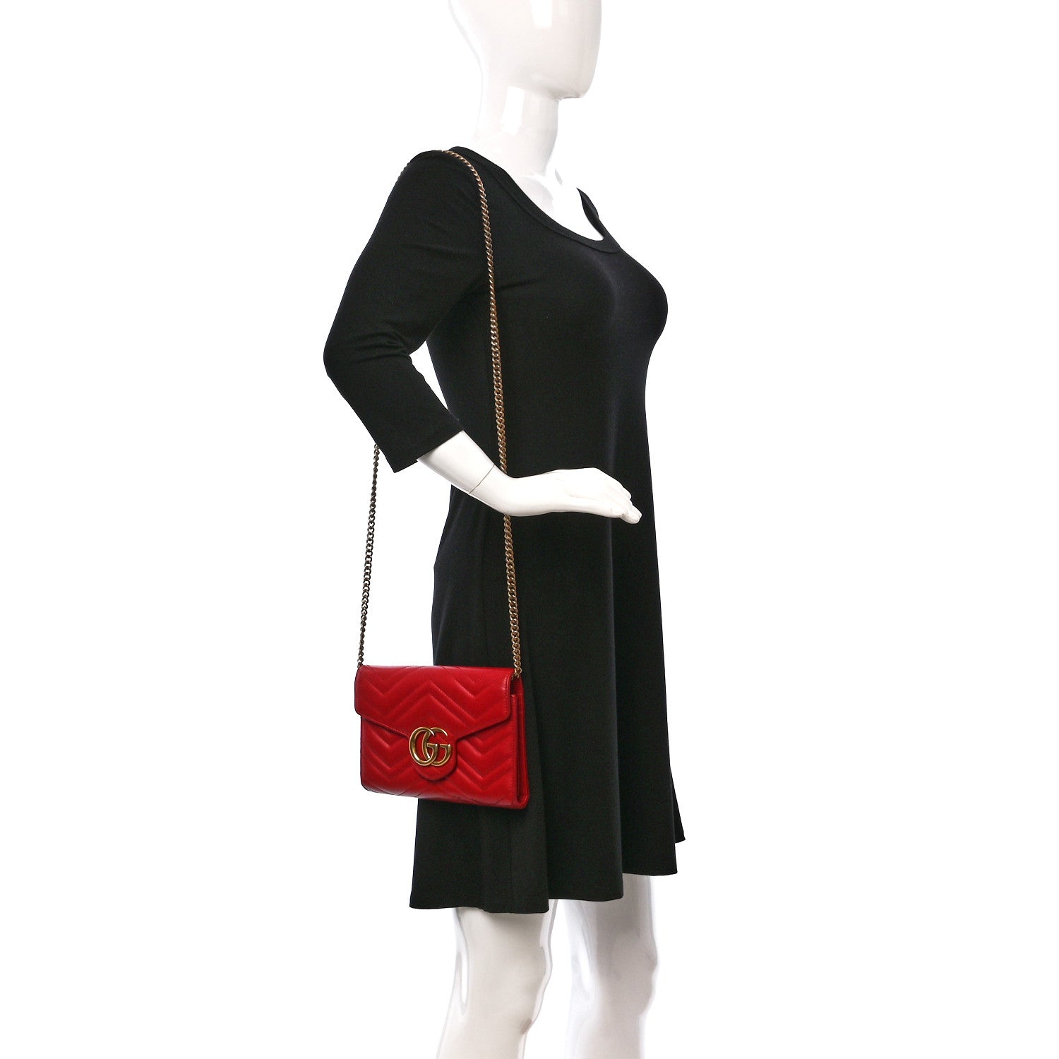 Gucci Calfskin Matelasse GG Marmont Chain Wallet Hibiscus Red 2 of 9