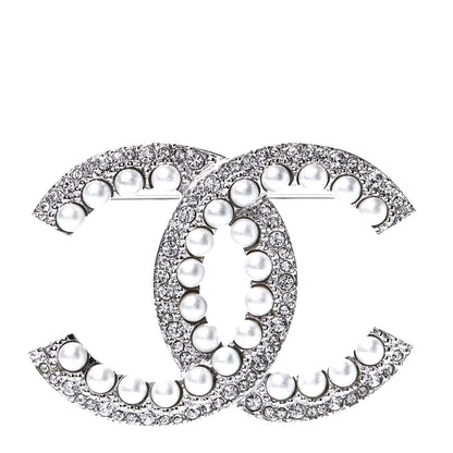 Chanel Pearl Crystal CC Snow Palace Brooch Silver 1 of 4