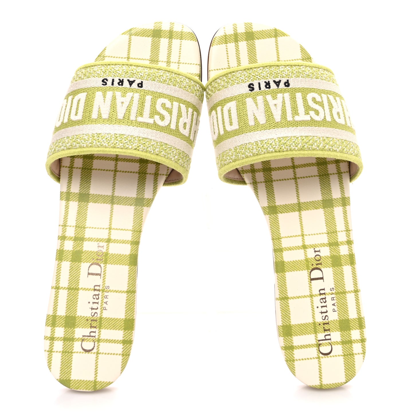 Canvas Check'N'Dior Pop Embroidered Dway Flat Slide Sandals 36 Chartreuse