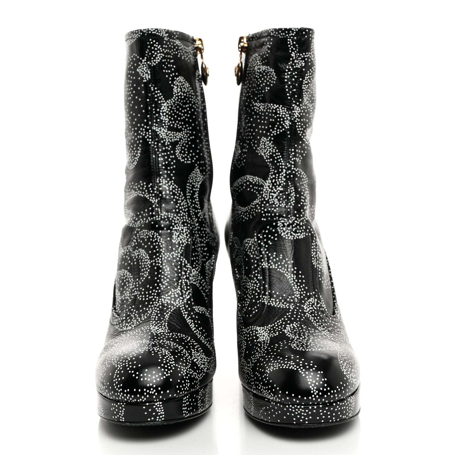 Chanel Calfskin Camellia Printed Ankle Boots 37.5 Black White 2 of 9