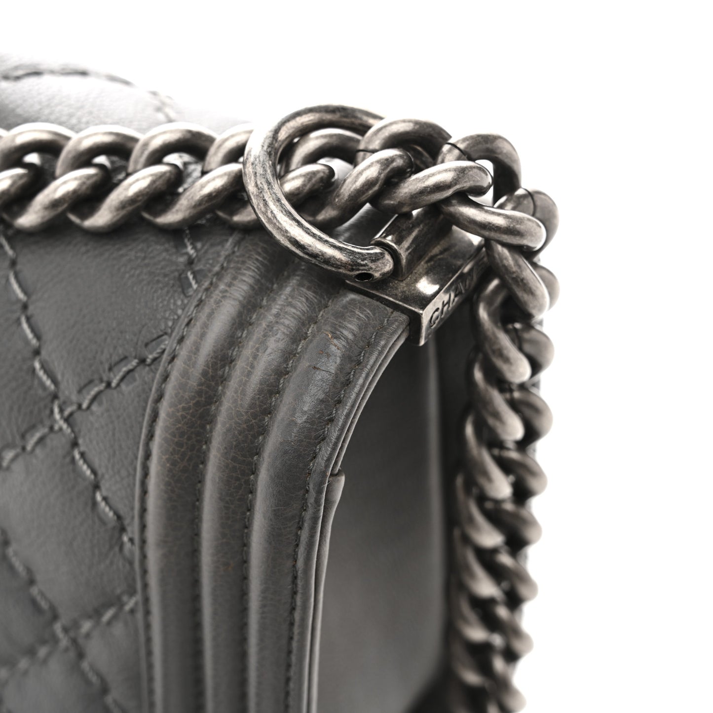 Calfskin Double Stitch Medium Boy Flap Grey