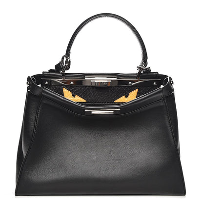 Fendi Vitello Seta Python Crocodile Monster Eyes Medium Peekaboo Iconic Satchel Black Girasole 1 of 8