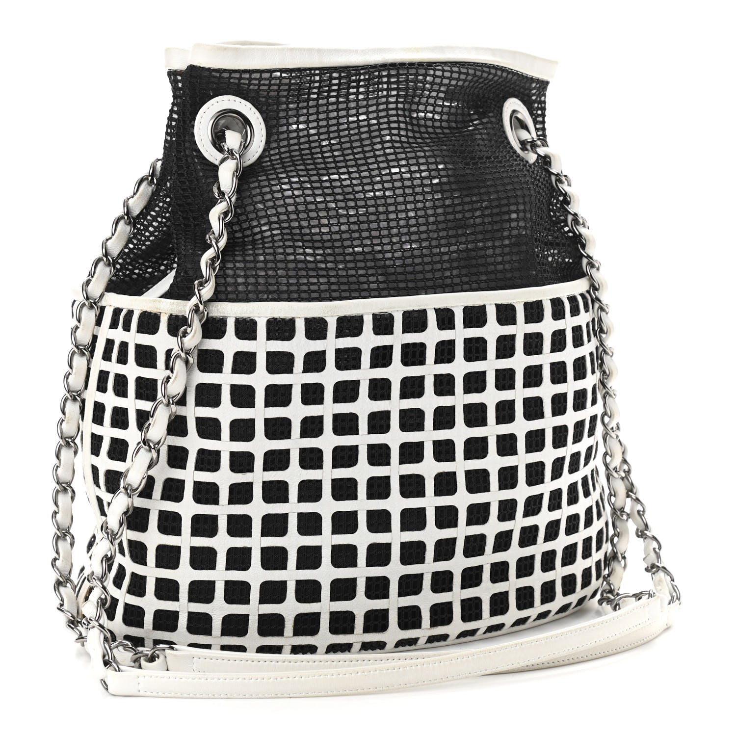 Chanel Calfskin Mesh Chain Bucket Bag Black White 3 of 17