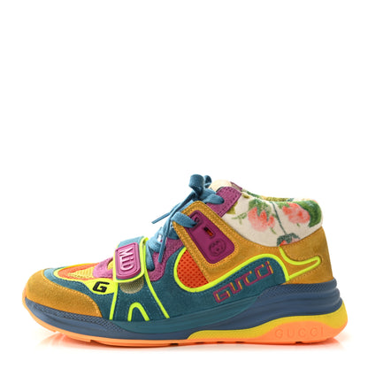 Gucci Suede Mesh Printed Womens Ultrapace Sneakers 35 Crop Zaffiro Neon Yellow 1 of 11