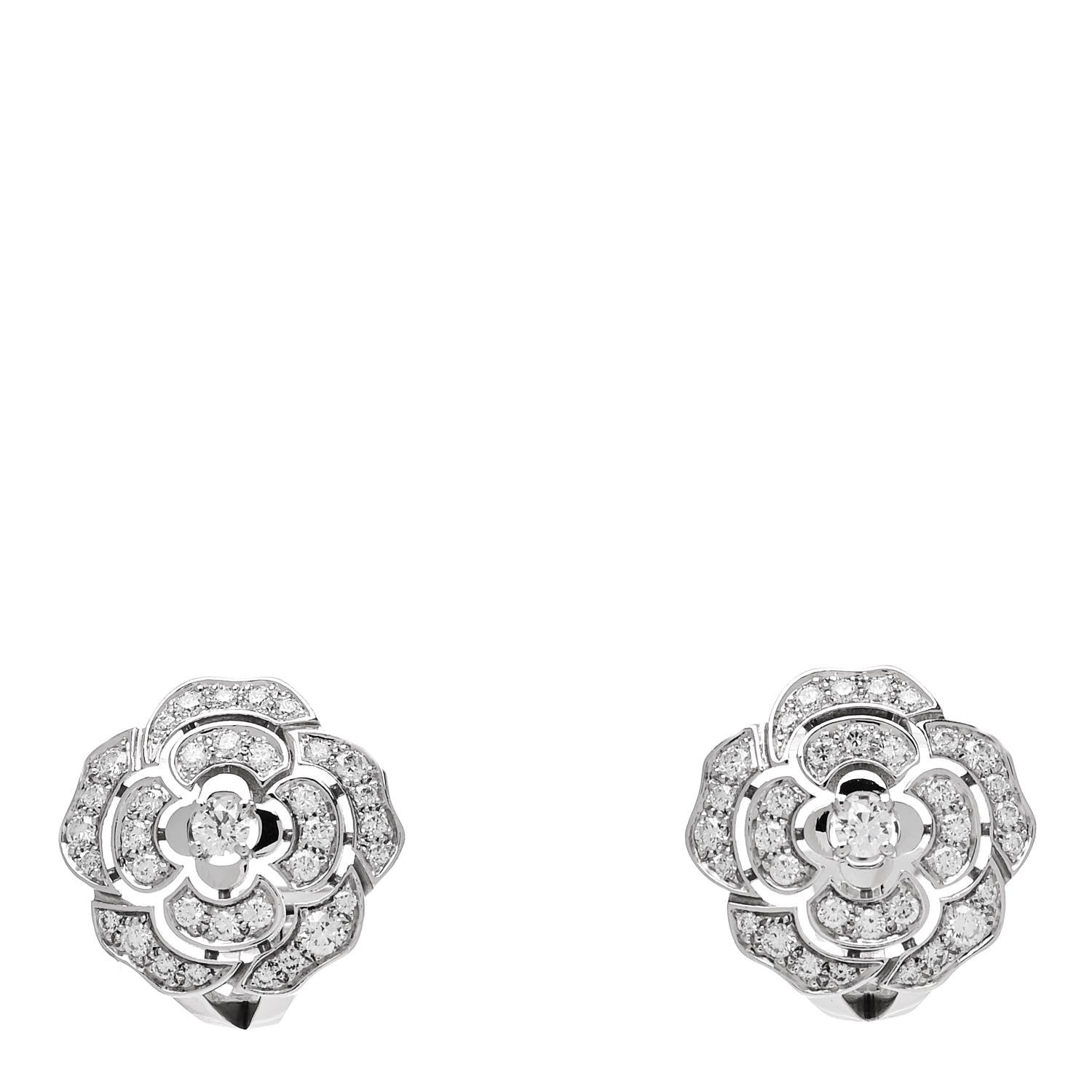 Chanel 18K White Gold Diamond Bouton de Camelia Earrings 1 of 4