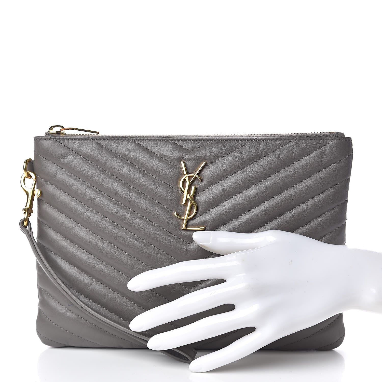 Saint Laurent Calfskin Matelasse Chevron Monogram A5 Wristlet Earth 2 of 10