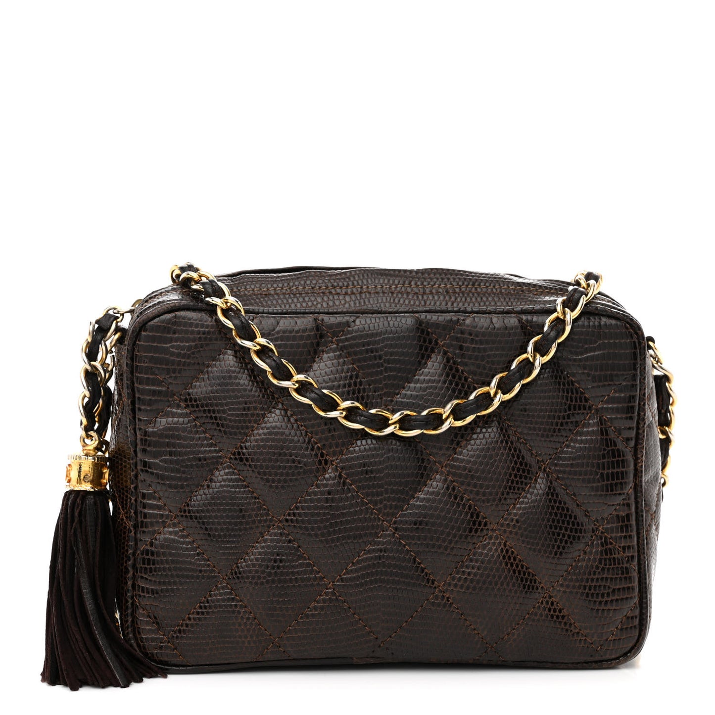 Lizard Quilted Tassel Camera Case Brown